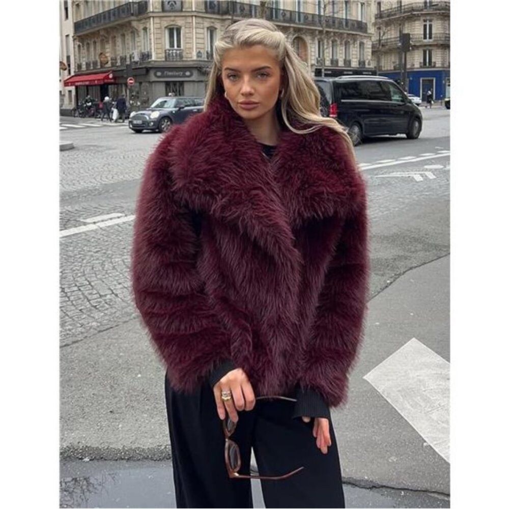 Womens LUX Fur Coat Cropped Fluffy Wine Red NEW